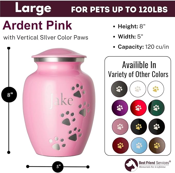 Ottillie Paws Premier Series Pet Urn for Dogs with Personalized Laser Engraving (Large - Pets up to 115 lbs, Ardent Pink with Vertical Pewter Paws)