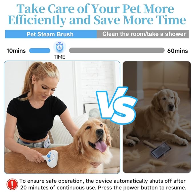 Pet Steam Brush for Dog & Cat - 3-in-1 Steam Grooming Brush for Shedding & Hair Removal - Self Cleaning Spray Comb with Mist for Long Haired Pets - Includes 1*Waterless Shampoo, Blue.