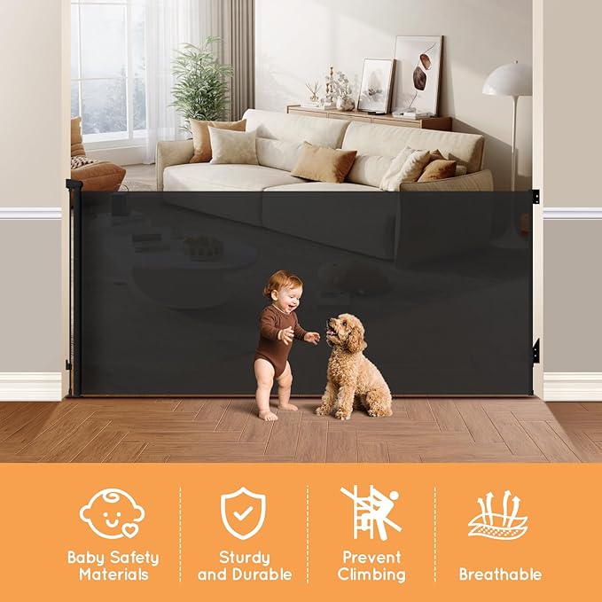 Retractable Baby Gate, 38" Extra Tall Mesh Baby Gate with Auto-Tension Design, 55" Wide One-Hand Operation Dog Gates for Doorways and Hallways, Safety Gate for Babies and Pets, Black
