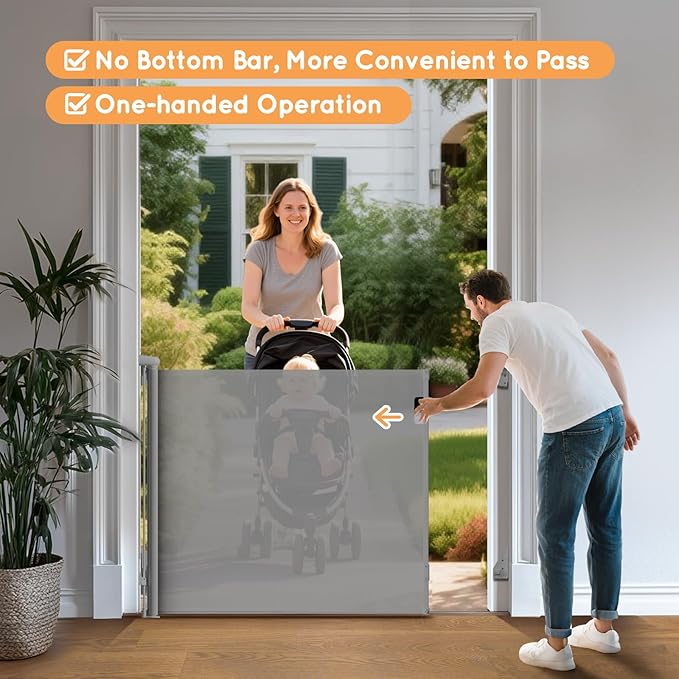Retractable Baby Gate, 38" Extra Tall Mesh Dog Gate with Auto-Tension Design, 71" Wide One-Hand Operation Doorway Gates for Pets & Babies, No Bottom Rail Safety Gate for Hallways, Gray