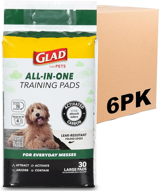 Glad for Pets Black Charcoal Puppy Pads - Super Absorbent Disposable Dog Pee Pad, Potty Training, Dog Crate and Indoor Use 23" x 23" - 30 Count - 6 Pack