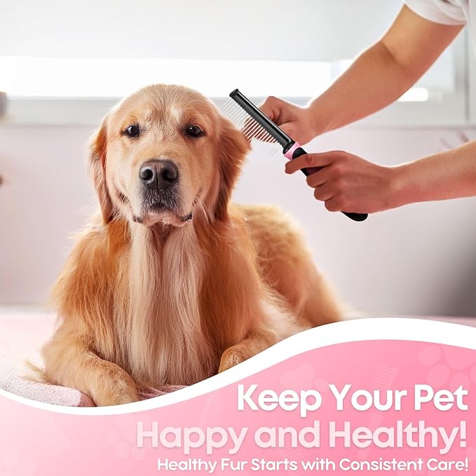 Flexzion Metal Pet Comb for Cats & Dogs - Sturdy Stainless Steel Rounded Teeth with Non-Slip Soft Grip Handle Easy to Use Grooming Detangling Cat Combs for Indoor Cats, Pink