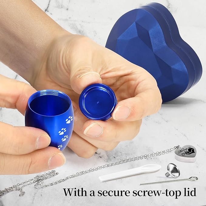 Small Pet Urns for Dogs Ashes, Mini Cat Urn for Ashes Keepsake, Tiny Cremation Animal Memorial Necklace ERN Earns Urnas Loss of Dog Cat Gifts, Pet Paw Print Urn - Heart Box with Blue Light