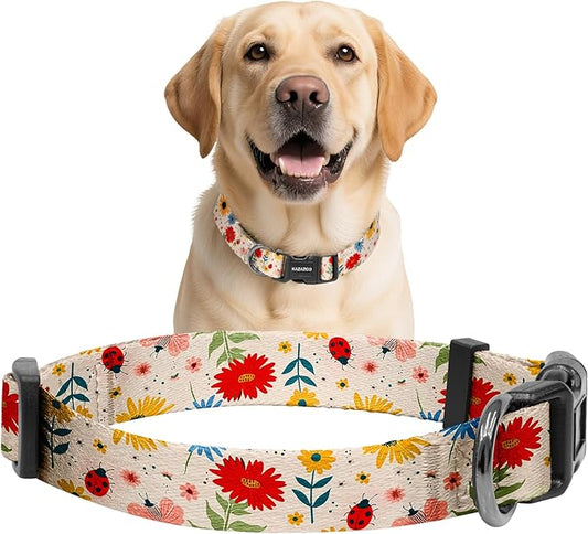 Kazazoo Dog Collar Cute and Soft Nylon Puppy Collar for Boy and Girl, Adjustable Dog Collars for Medium Large Dogs, Ladybugs and Flowers-L