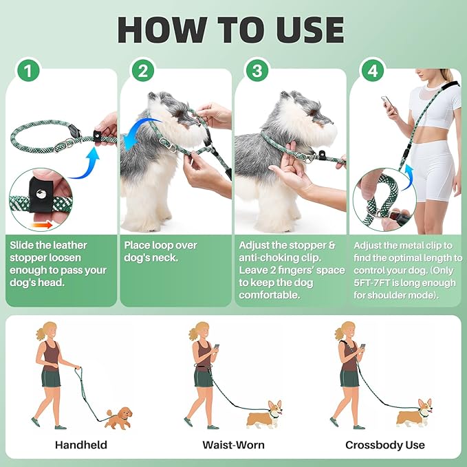 SlowTon Slip Lead for Dogs - Hands Free No Tangle Adjustable 5-7 FT 1/2” Rope, Heavy Duty Nylon Leash for Large Medium Dogs that Pull, No Pull Training Slip Leashes, 20-120lb, Green