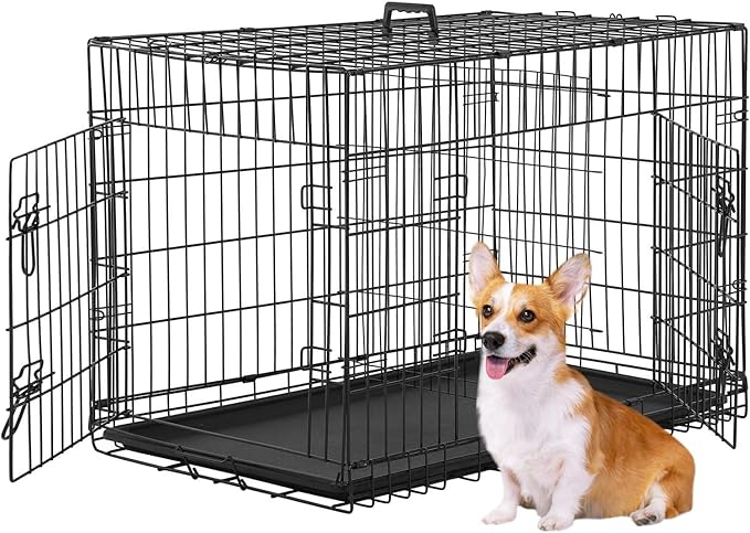 Dog Crate Kennel Pet Cage for Large Medium Dogs Travel Metal Double-Door Folding Indoor Outdoor Puppy Playpen with Divider and Handle Plastic Tray,48 42 36 30 24 inches (36" Dog Cage)