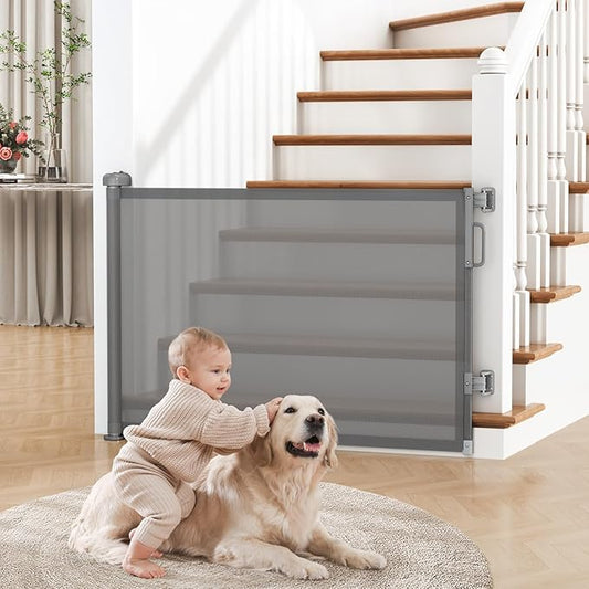 Retractable Baby Gate for Stairs, 55" Wide Mesh Dog Gate Indoor, 34" Tall Child Gate for Doorways, Hallways, Deck, Indoor Outdoor Pet Baby Safety Essentials for Home, Grey