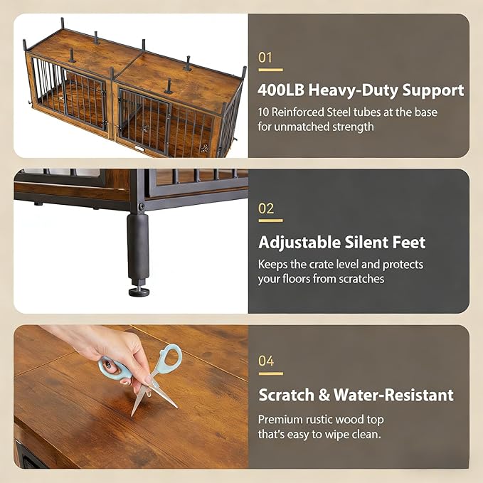 Extra Large 78" XXL Dog Crate Furniture with Removable Divider, 400LB Capacity Heavy Duty Kennel for 1-2 Dogs, Wooden Pet Cage with Flip-Top, Entertainment Center, Dog House TV Stand