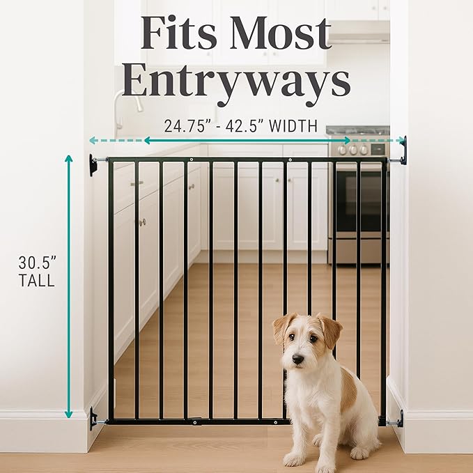 KidCo 24.75-42.5" Safeway Walk Through Baby Gate for Stairs and Doorways | No-Trip Top of Stairs Baby Gate No Bottom Bar | Quick-Release Mounted Hardware for Security and Easy Removal (Black)