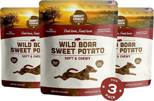 Smart Cookie All Natural Dog Treats - Wild Boar & Sweet Potato - Training Treats for Dogs with Allergies, Sensitive Stomachs - Soft Dog Treats, Chewy, Grain Free, Made in USA - 5oz Bag, Pack of 3