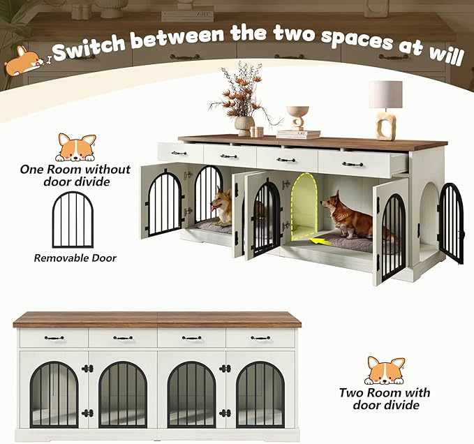 70.8'' Double Dog Crate Furniture for 2 Small and Medium Dogs,XXL Wooden Dog Kennel with 4 Storage Drawers,Removable Divider,Dog Crate TV Stand,Indoor Decorative Dog Cage with 4 Door,White