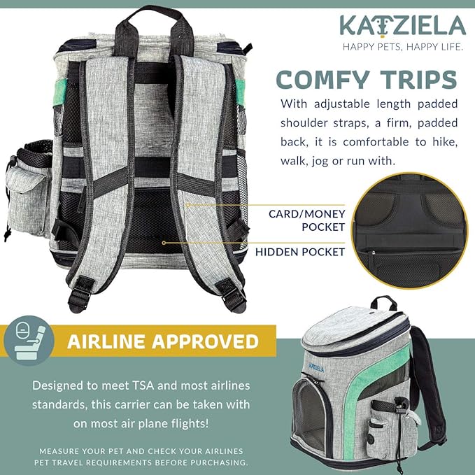 Katziela Pet Carrier Backpack - for Small Dogs and Cats - Water Bottle, Waste Bag and Storage Pouches, 3 Mesh Windows, Leash Hook - 3 Option Top: Open, Mesh or Shade - Bonus: 2 Poop Bag Rolls – Green