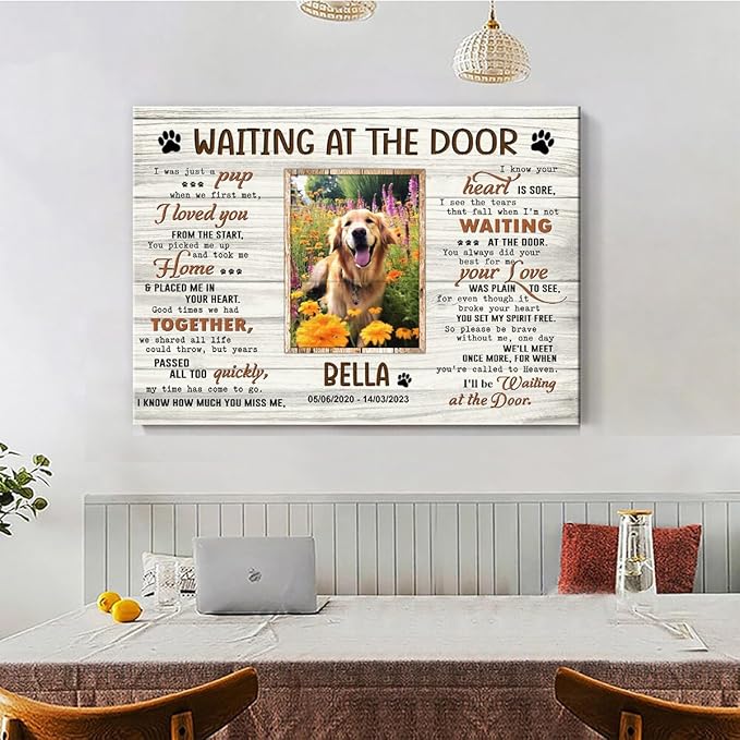 C80715 Personalized Memorial Waiting At The Door Canvas - Dog Frames with Pictures - Bereavement Sympathy Gift for Dog Lover Mom Dad