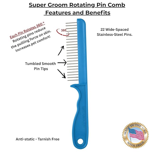Super-Groom Combs with Smooth Rotating Teeth for Painless Mat Removal (Turquoise, 22 Coarse Teeth)