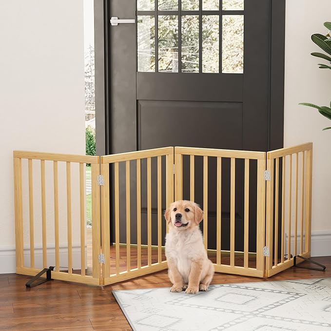Dog Gate, Freestanding Dog Gates for Doorways, Indoor,Foldable Pet Gates for Doorways Bedroom, Puppy Gate with Metal Support Feet, Room Dividerr 4 Panels (Natural)