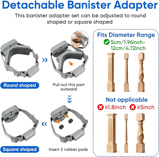 2Pcs Baby Gate Stair Railing Banister Adapter, Fits 1.9-4.72'' Diameter Universal Banisters, Wide Square/Round Railings No-Drilling Mounting Fittings for Retractable Gates,Adjustable Fixed Strap(Gray)