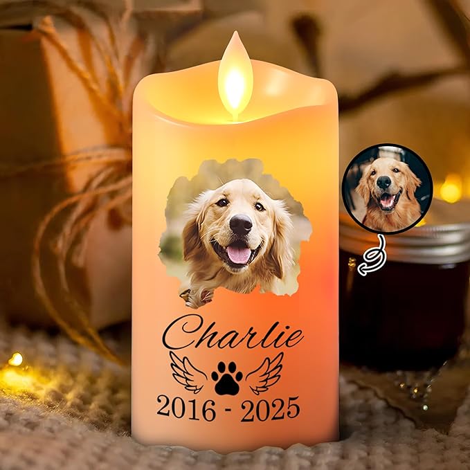 Personalized Dog Memorial LED Candle – Custom Remembrance Gift for Pet Loss, Battery Flickering Electric Candle, Bereavement Gift for Dog Lovers