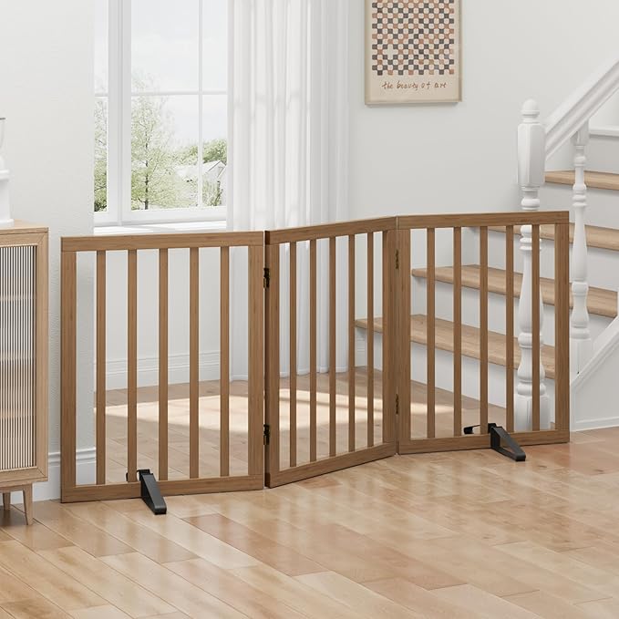 Dog Gates for Doorways, Freestanding Dog Gate Indoor, Foldable Pet Gates for Doorways Bedroom, Puppy Gate with Metal Support Feet, Room Divider 3 Panels (Dark Walnut)