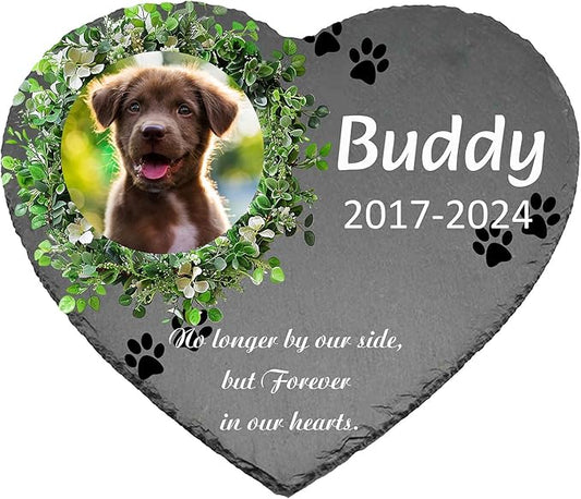 Custom Dog Memorial Stone with Photo & Name – Personalized Pet Headstone, Paw Print Keepsake Gift for Dog Loss, Outdoor Garden Slate Plaque