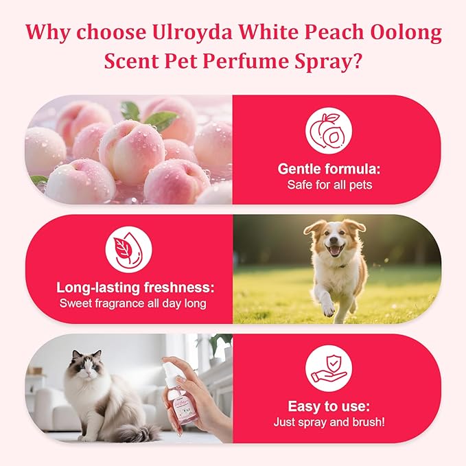 Premium Pet Cologne, White Peach & Oolong Tea Dog Perfume, Sweet Scent Long-Lasting Fragrance, Alcohol-Free Grooming Spray for Dogs and Cats, 2.37 fl oz