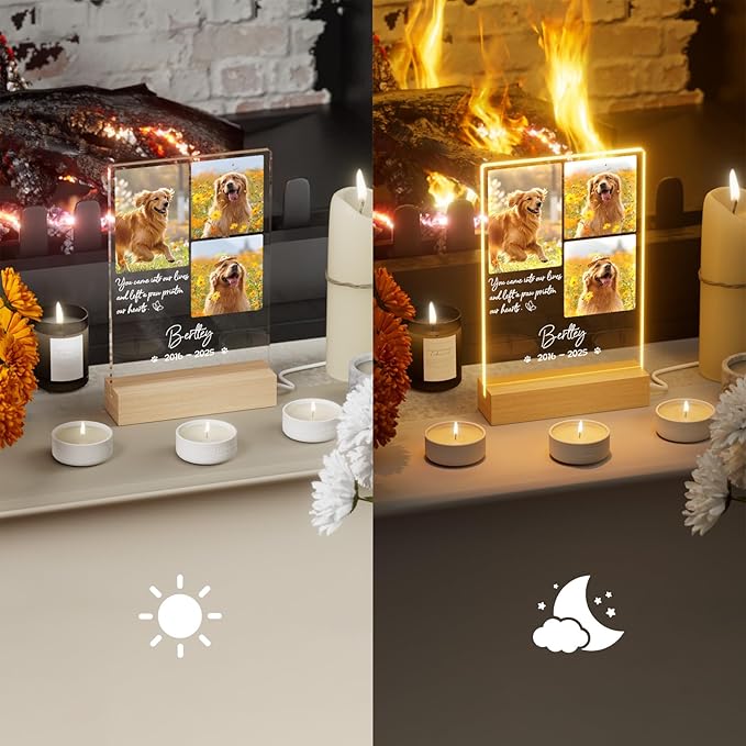Bemaystar Dog Memorial Gifts for Loss of Dog Pet Memorial Gifts for Dogs Cat Memorial Gifts Custom Pet Memorial Night Light Pet Loss Gifts, Memorial Plaques for Dog Memorial Picture Frame - 3 Photos