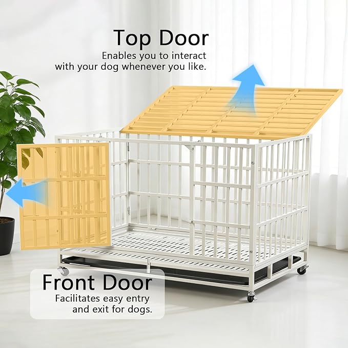 48 Inch Heavy Duty Indestructible Dog Crate with Lockable Wheels & Sturdy Locks, Metal Dog Crate Kennel with Removable Tray, Extra Large XL, White