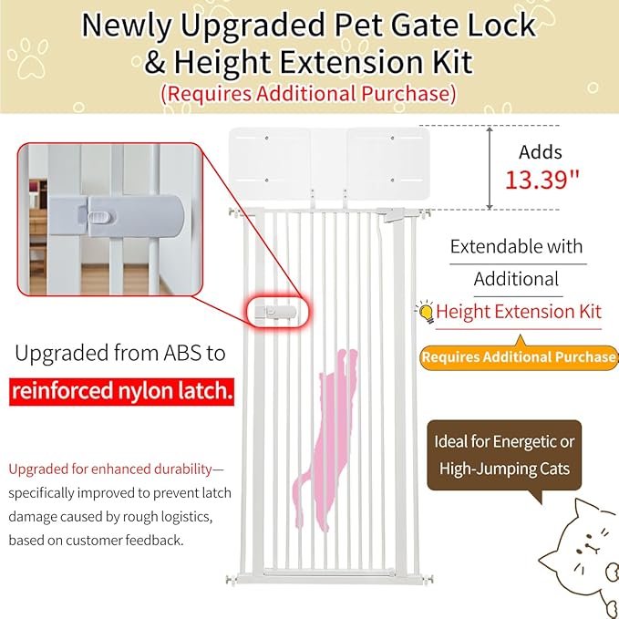 Lumizone Extra Tall Cat Gate 55.12" High Pressure Mounted Extra Wide 2025 New (17 Sizes) 1.37" Gap No Drilling Auto-Close One-Handed Operation Tall Pet Gate for Dogs(White, 55.12" H x 29.92"-59.44" W)