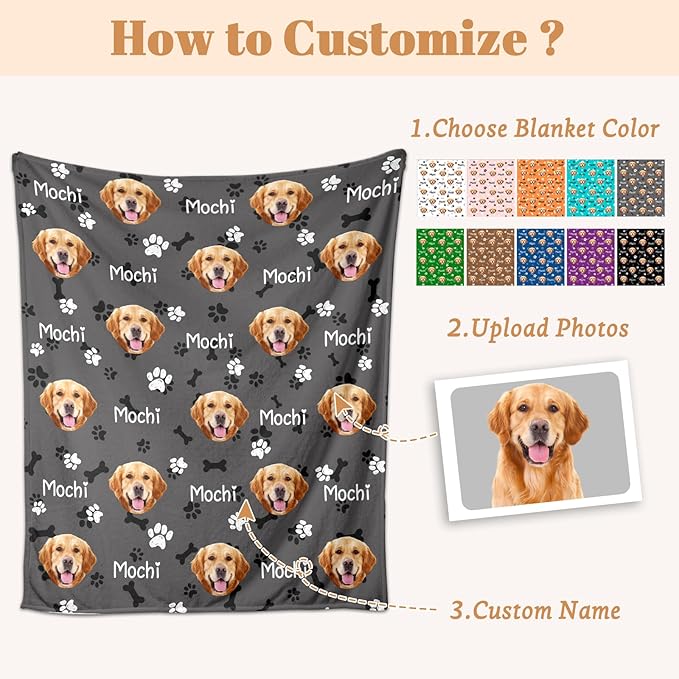 Custom Dog Blanket with Picture Name, Personalized Dog Face Throw Blanket, Customized Puppy Blanket with Photo, Birthday for Pet Lovers in Loving Memory Pet Blankets for Dogs Mom Dad