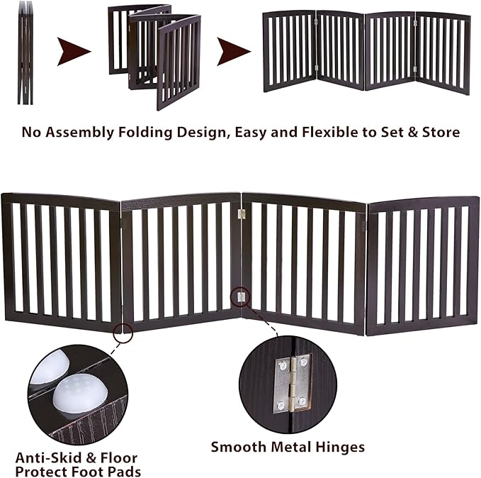 Freestanding Pet Dog Gate, 3-Panel/ 4-Panel Wooden Folding Fence for Hallway,Doorway,Hall,Stair,24 Inch Height Indoor Foldable Dog Fence (Brown, 4 Panel 24“)