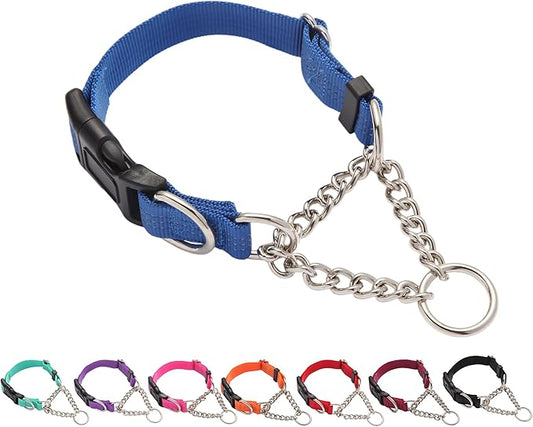 Martingale Dog Collar with Quick Release Buckle Steel Chain No Pull Training Reflective Collar for Medium Large Dogs(Blue, Large)