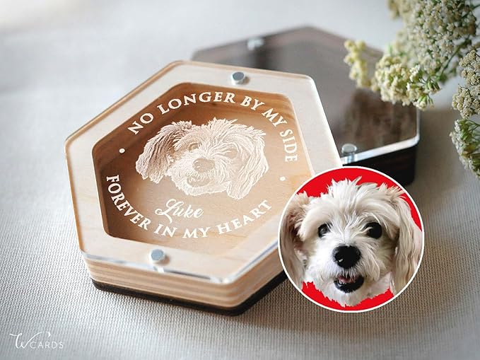 Personalized Pet Hair Keepsake Box for Dog and Cat Fur - Engraved Wood Memorial Box - Unique Customized Gift for Loss of Furry Friend Wooden (Light Diamand Clear Lid, With Photo)