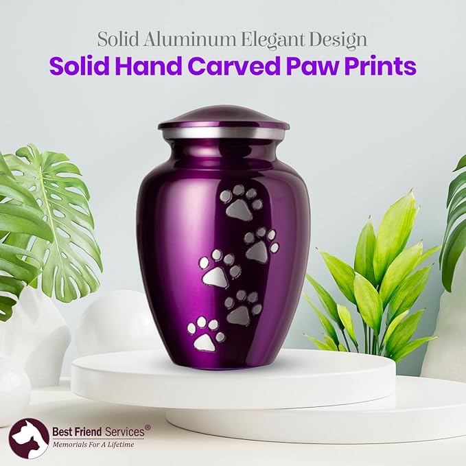 Ottillie Paws Legacy Series Pet Urn for Dogs, Handmade Aluminum Memorial Cremation Urn (X-Large - Pets up to 170 lbs, Deep Violet, Vertical Pewter Paws)
