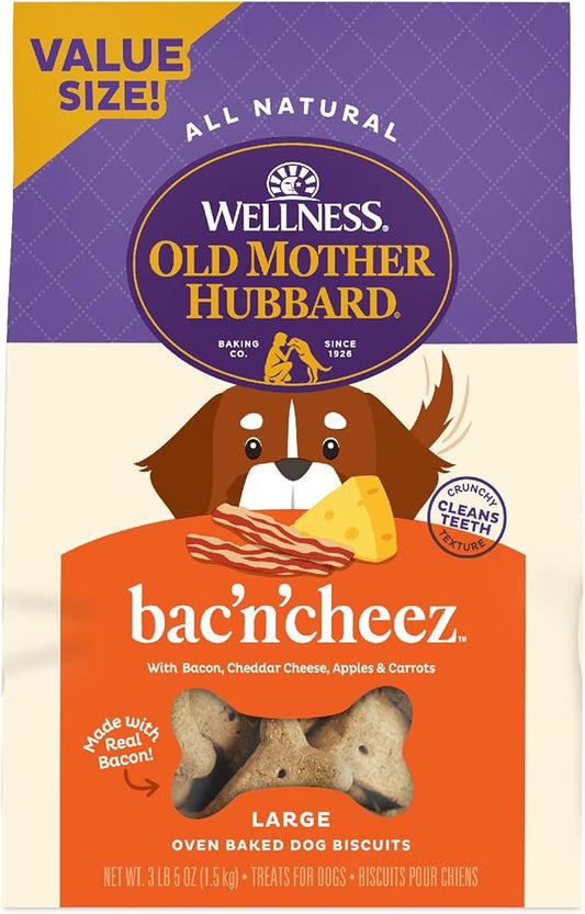 Wellness Old Mother Hubbard Classic Bac'N'Cheez Dog Biscuits, Natural Training Treats, Bacon and Cheese Flavor, Large Size, 3.3 lb Bag
