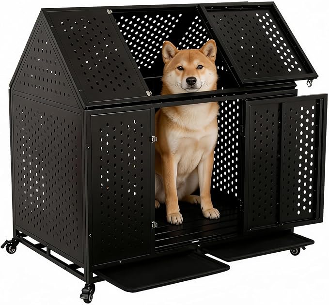 44 Inch Heavy Duty Indestructible Dog Crate with Wheels, Steel Escape-Proof Indoor Double Door High Anxiety Cage, Durable Chew-Proof Kennel with Removable Tray for Large Medium Dogs