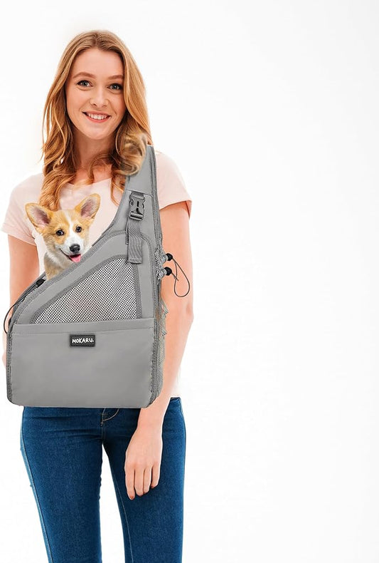 Small Dog Sling Carrier Bag, Hands-Free Dog Carrier Sling with Safety Buckle, Breathable Mesh, Adjustable Strap, Padded Back, Storage Pockets, Pet Carrier for Dogs, Cats, Puppies up to 8–10 lbs