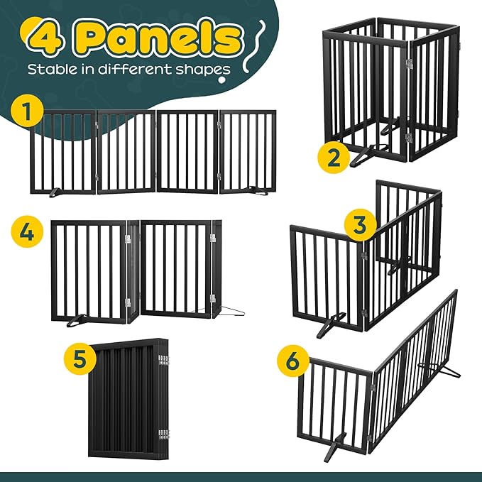 Semiocthome Solid Bamboo Dog Gate with 2 Stands, Freestanding Pet Gates for Doorways and Stairs, 24" Height-4 Panels Puppy Gate for the House, Fully Assembled Indoor Gate Adjustable Safety Fence-Black