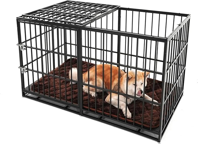 61'' Indestructible Heavy Duty Dog Crate with Cushion, Extra Large Pet Cage Escape Proof Strong Steel Impact for High Anxiety Dogs, Sound Proof Chewproof Kennel 2 Doors, XXL