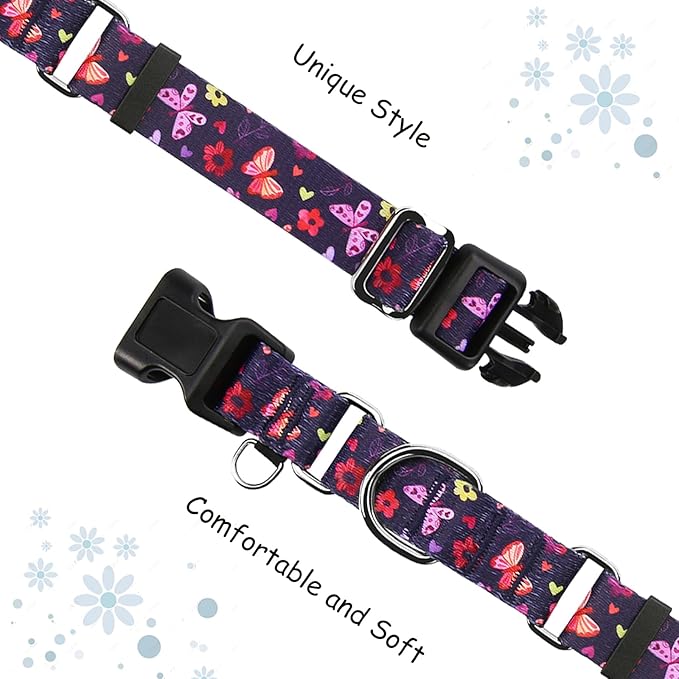 Martingale Collar with Buckle Purple Nylon Adjustable Cute Girl Female Dog Collars (Butterfly Floral, Medium)