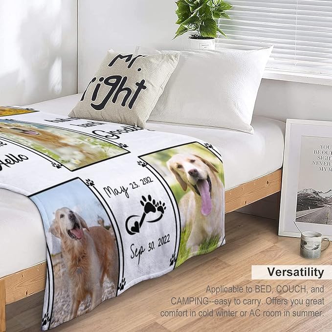 Artsadd Custom Throw Blanket with Dog Cat Pet Pictures & Name, Dog Memorial Blanket Personalized Memory Gift for Family and Friends Customized Bed Throw Blanket Sympathy Remembrance Made in USA