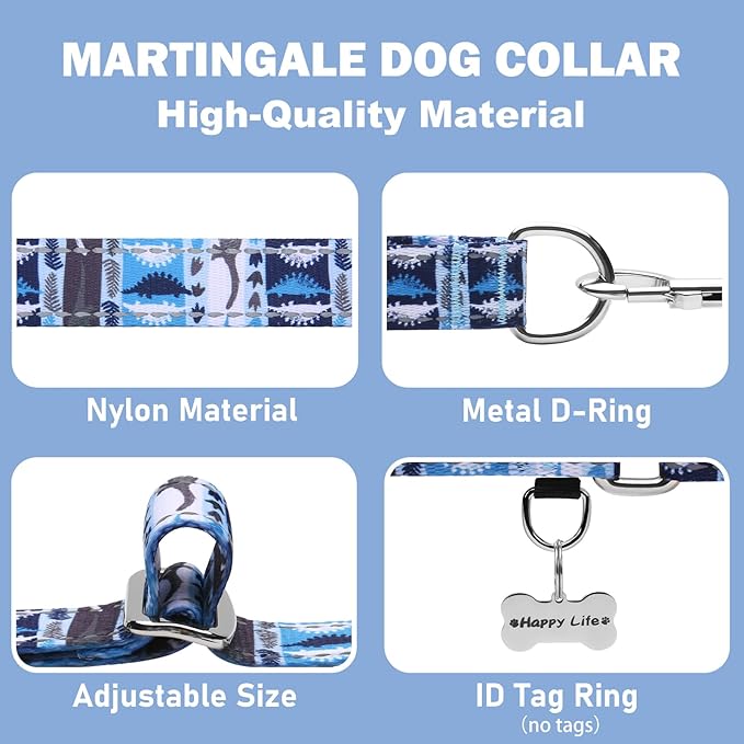 Reflective Martingale Collar for Dogs Nylon Training Collar with No Buckle, No Pull Escape Proof Dog Collar for Small Dogs（Blue Dinosaur，S）