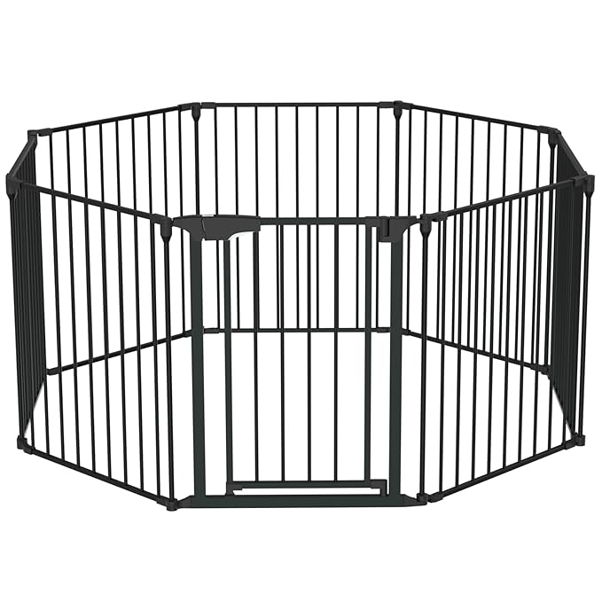 Bonnlo 208'' Wide Baby Gate Playpen 8 Panel Adjustable Play Yard Metal Dog Gate with Door Fireplace Christmas Tree Fence for Pet/Child/Toddler