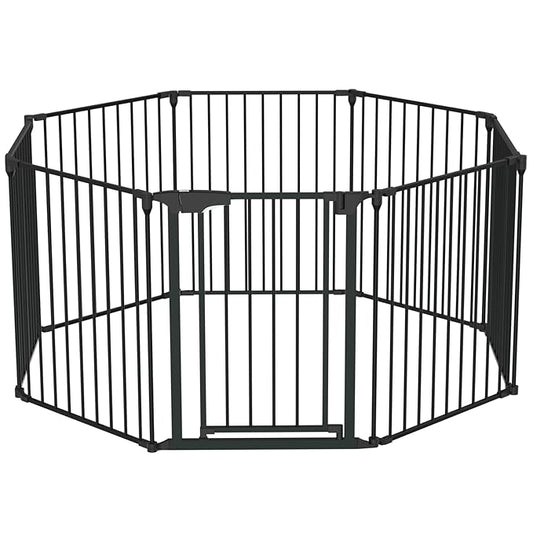 Bonnlo 208'' Wide Baby Gate Playpen 8 Panel Adjustable Play Yard Metal Dog Gate with Door Fireplace Christmas Tree Fence for Pet/Child/Toddler