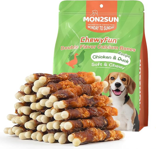 MON2SUN Double Flavor Dog Treats, 4 Inch Chicken and Duck Wrapped Calcium Bones, Rawhide Free Chews for Small Dogs, Teeth Cleaning Bones, 21.16oz (30 Count-Pack of 1)