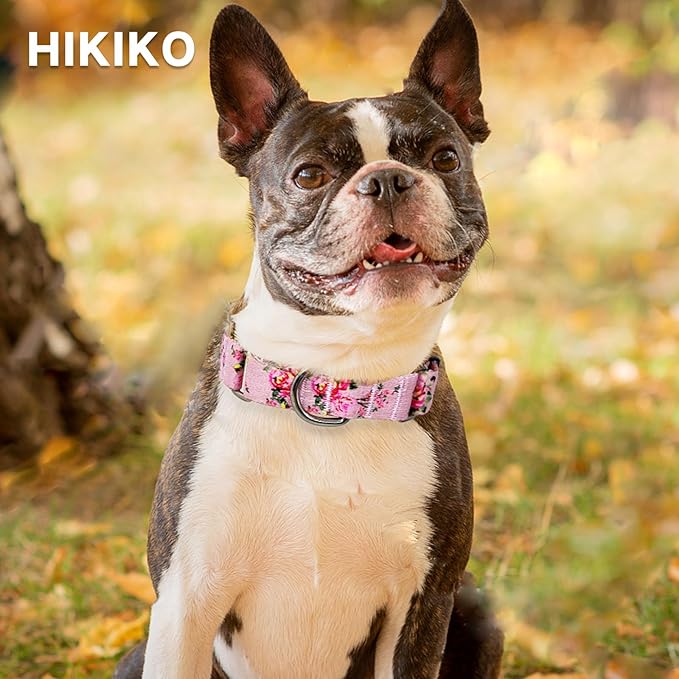 Hikiko Martingale Collar for Dogs with No Buckle Pink Floral Female Dog Collar Cute Girl Dog Collars for Medium Dogs,Pink Rose,M