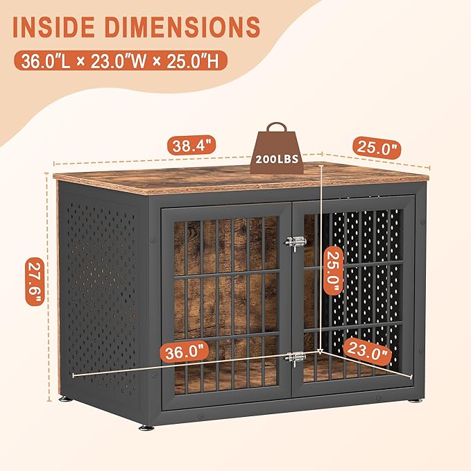 38" Heavy Duty Dog Crate Furniture for Large and Medium Dogs,Wooden Metal Kennel for High Anxiety Dogs, Chew Proof Pet Cage Indoor, Decorative Dog Kennel End Table