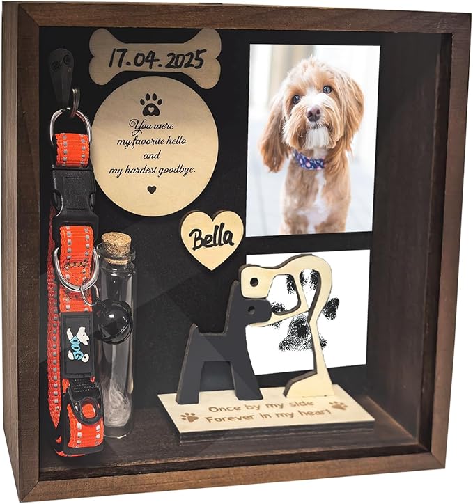 8.6'' Pet Memorial Shadow Box for Dogs, Dog Memorial Picture Frame Loss Pet Sympathy Gift Animal Remembrance Keepsake with Collar Holder Paw Print Kit Fur Jar for Tabletop Wall Hanging Customized-Dog