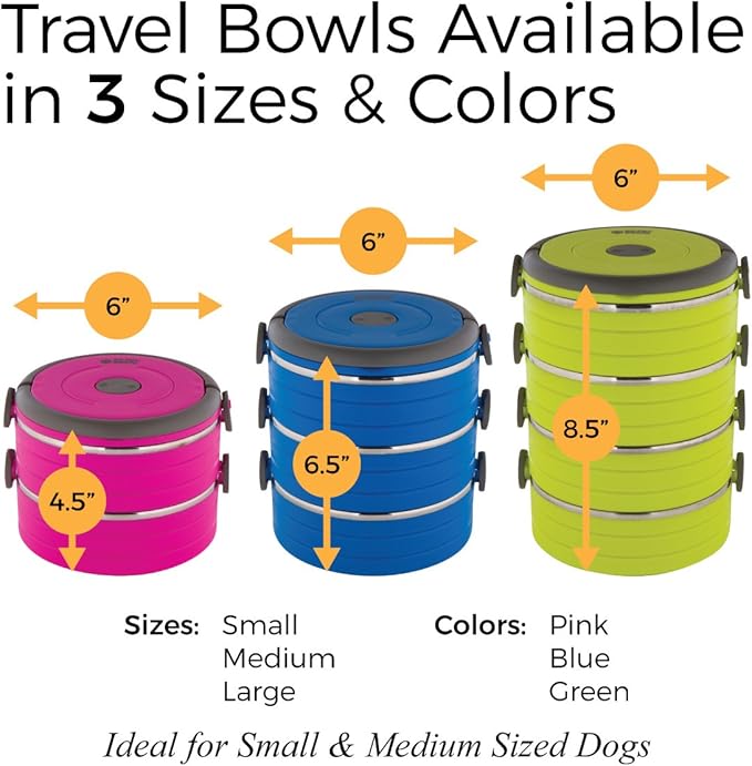 Healthy Human Travel Pet Bento Bowls - Human-Grade Stainless Steel & BPA-Free, Leak-Proof Water & Food Container Set for Dogs & Cats, 3-Pack Interlocking Bowls, Includes Spare Clips & Handle (Blue)