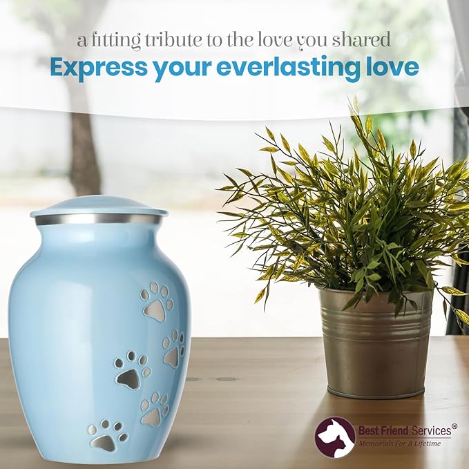 Ottillie Paws Legacy Series Pet Urn for Dogs, Handmade Aluminum Memorial Cremation Urn (X-Large - Pets up to 170 lbs, Baby Blue, Vertical Pewter Paws)