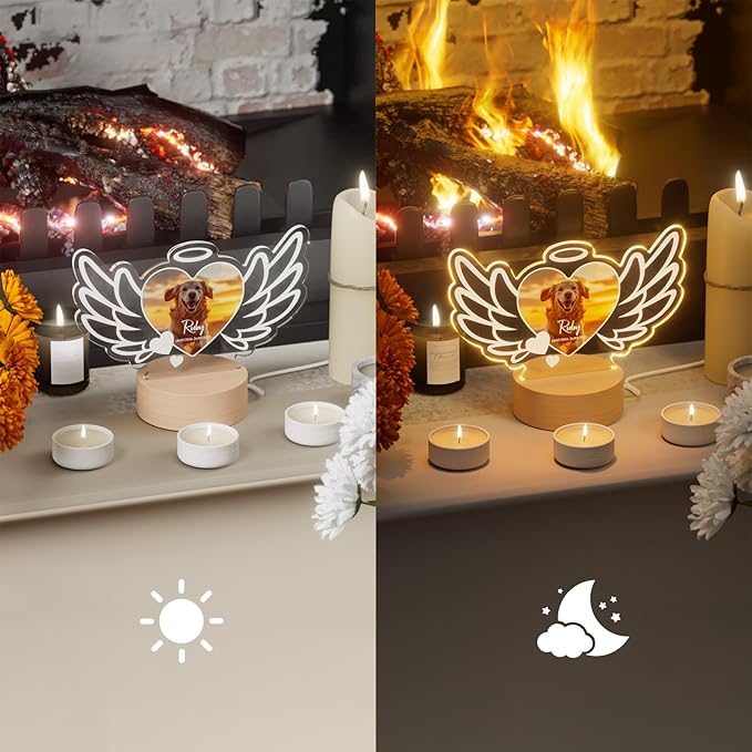 Bemaystar Dog Memorial Gifts for Loss of Dog Pet Memorial Gifts for Dogs Cat Memorial Gifts Custom Pet Memorial Night Light Pet Loss Gifts, Memorial Plaques for Dog Memorial Picture Frame - Wings