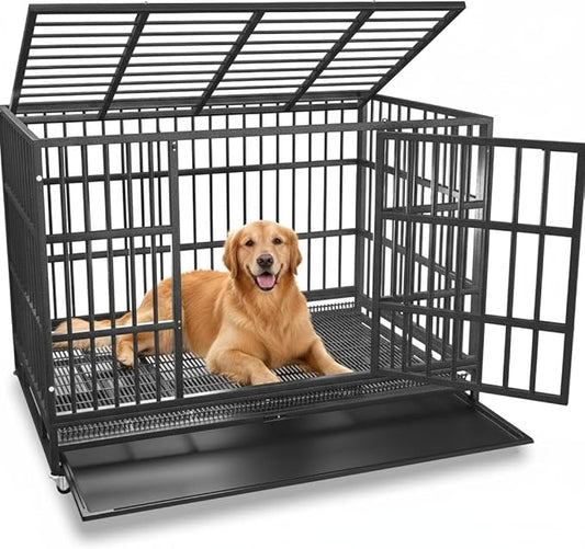 48 Inch Heavy Duty Dog Crate Cage with Wheels, Indestructible and Escape Proof Steel Kennel Indoor for High Anxiety Dogs with Sturdy Locks, Double Door and Tray, Extra Large XL XXL